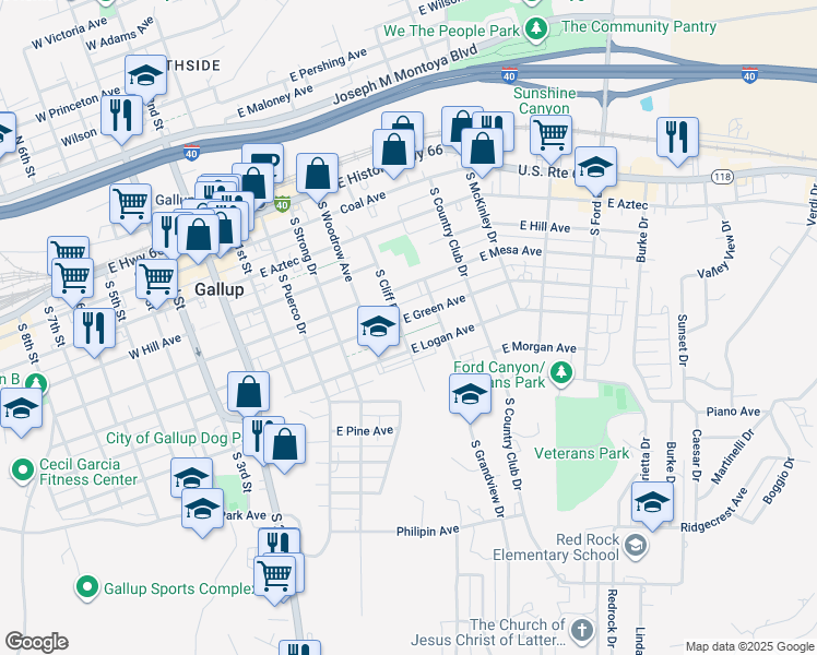 map of restaurants, bars, coffee shops, grocery stores, and more near 409 East Logan Avenue in Gallup