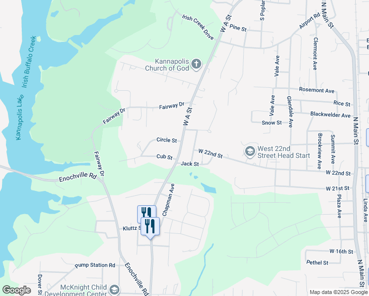 map of restaurants, bars, coffee shops, grocery stores, and more near 1808 West A Street in Kannapolis