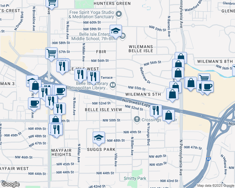 map of restaurants, bars, coffee shops, grocery stores, and more near 2512 Northwest Expressway in Oklahoma City
