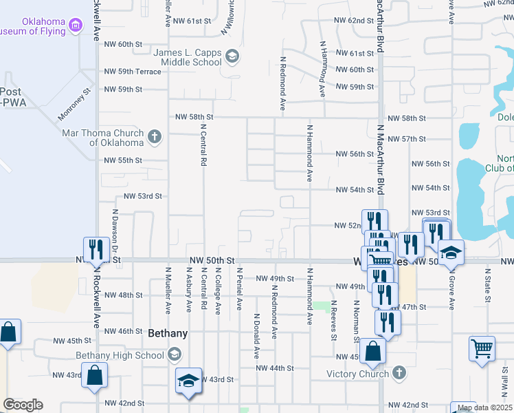 map of restaurants, bars, coffee shops, grocery stores, and more near 5200 North Peniel Avenue in Bethany