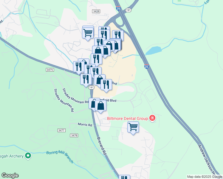 map of restaurants, bars, coffee shops, grocery stores, and more near 980 Brevard Road in Asheville