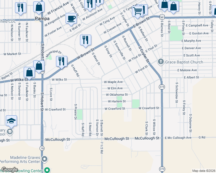 map of restaurants, bars, coffee shops, grocery stores, and more near 501-599 West Elm Avenue in Pampa