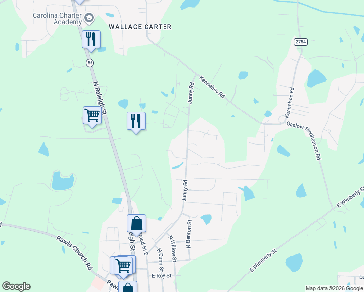 map of restaurants, bars, coffee shops, grocery stores, and more near 599 Junny Road in Angier