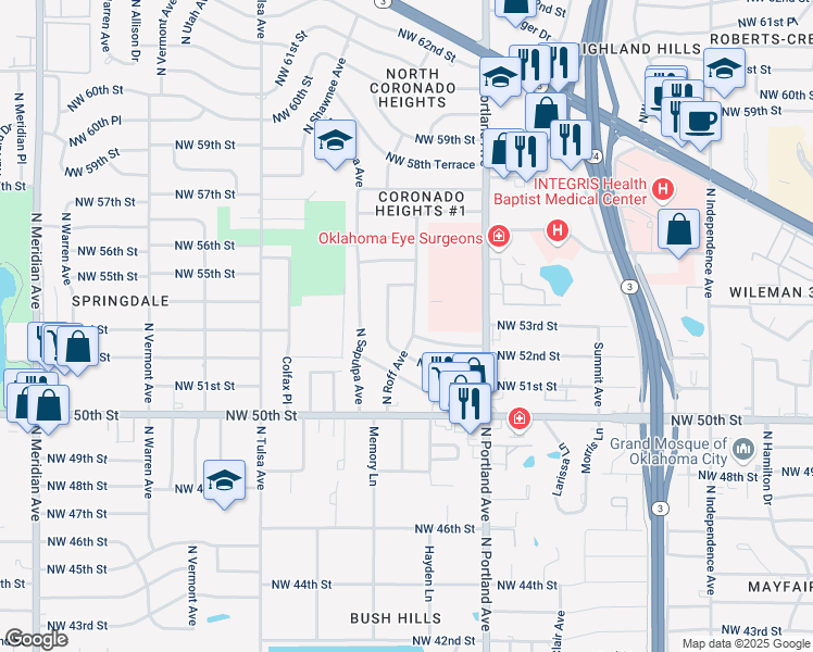 map of restaurants, bars, coffee shops, grocery stores, and more near 5504 North Shawnee Avenue in Oklahoma City