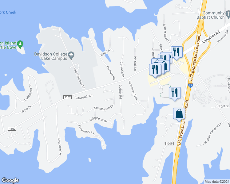 map of restaurants, bars, coffee shops, grocery stores, and more near 129 Southhaven Drive in Mooresville