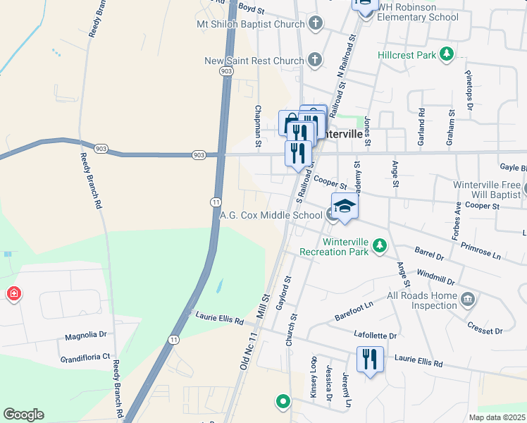map of restaurants, bars, coffee shops, grocery stores, and more near 2752 Mill Street in Winterville