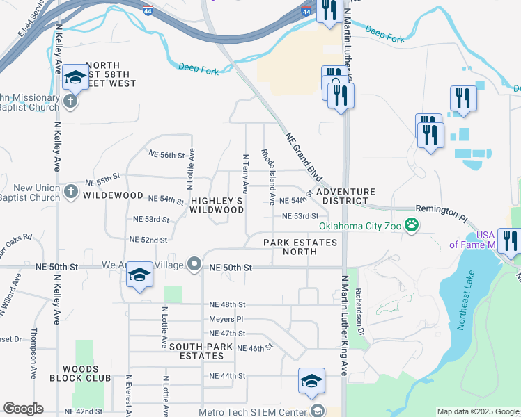 map of restaurants, bars, coffee shops, grocery stores, and more near 1712 Northeast 53rd Street in Oklahoma City