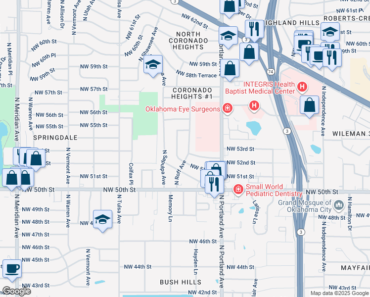 map of restaurants, bars, coffee shops, grocery stores, and more near 5504 North Shawnee Avenue in Oklahoma City