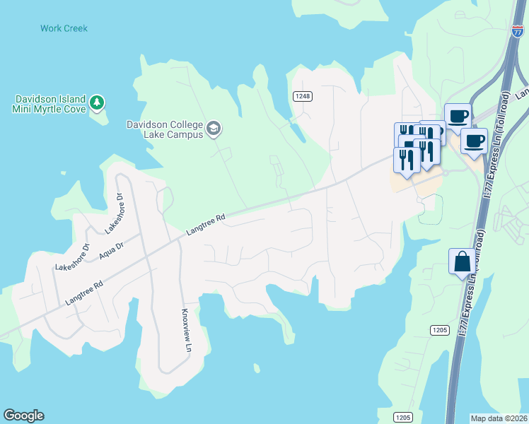 map of restaurants, bars, coffee shops, grocery stores, and more near 144 Slocumb Lane in Mooresville