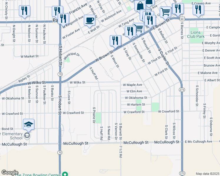 map of restaurants, bars, coffee shops, grocery stores, and more near 1001 South Varnon Drive in Pampa
