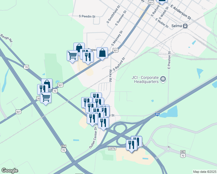 map of restaurants, bars, coffee shops, grocery stores, and more near 300 Ricks Road in Selma