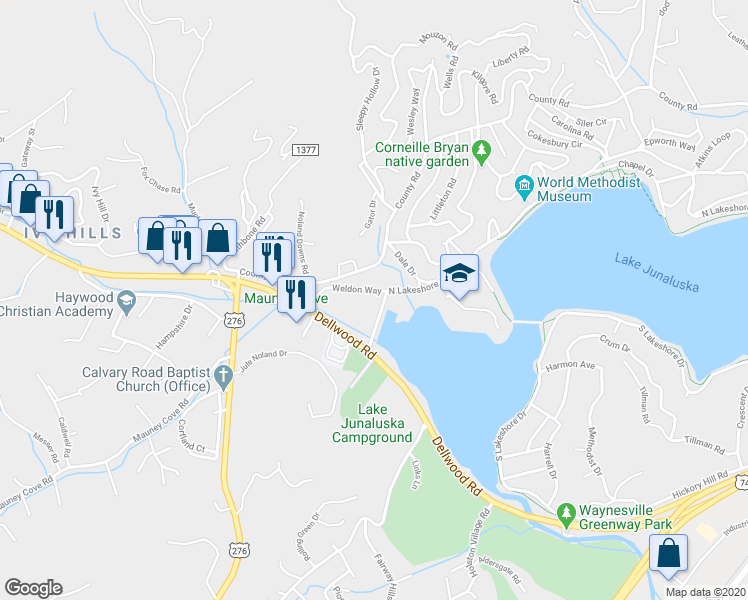 map of restaurants, bars, coffee shops, grocery stores, and more near 125 North Lakeshore Drive in Lake Junaluska