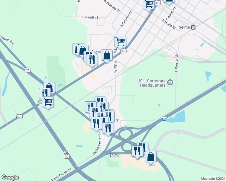 map of restaurants, bars, coffee shops, grocery stores, and more near 204 Ricks Road in Selma