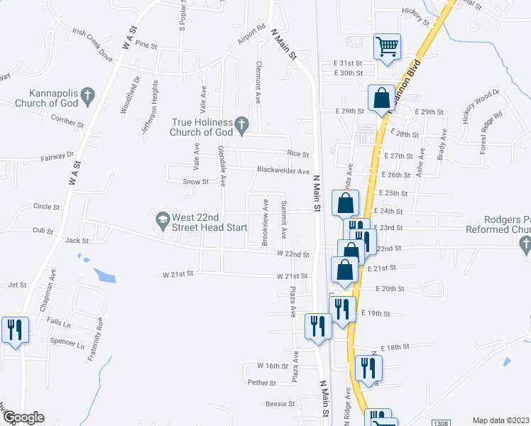 map of restaurants, bars, coffee shops, grocery stores, and more near 299 Westview Street in Kannapolis