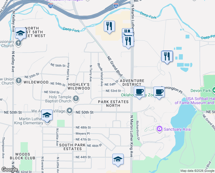 map of restaurants, bars, coffee shops, grocery stores, and more near 1808 Northeast 55th Street in Oklahoma City