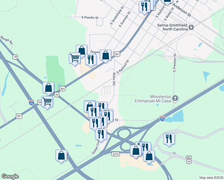 map of restaurants, bars, coffee shops, grocery stores, and more near 204 Ricks Road in Selma