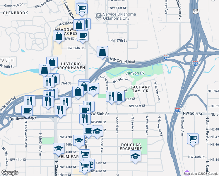 map of restaurants, bars, coffee shops, grocery stores, and more near 5428 North Francis Avenue in Oklahoma City