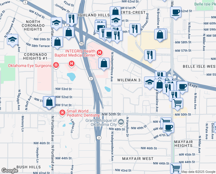map of restaurants, bars, coffee shops, grocery stores, and more near North Independence Avenue in Oklahoma City