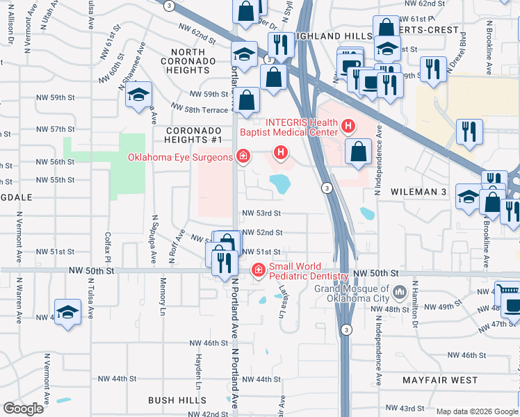 map of restaurants, bars, coffee shops, grocery stores, and more near 9 Northwest 54th Street in Oklahoma City