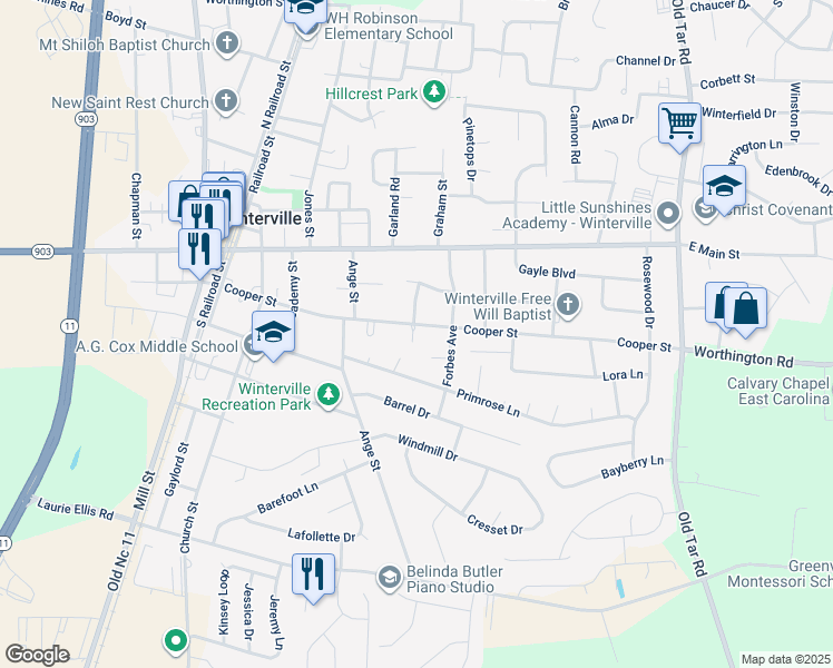 map of restaurants, bars, coffee shops, grocery stores, and more near 348 Cooper Street in Winterville