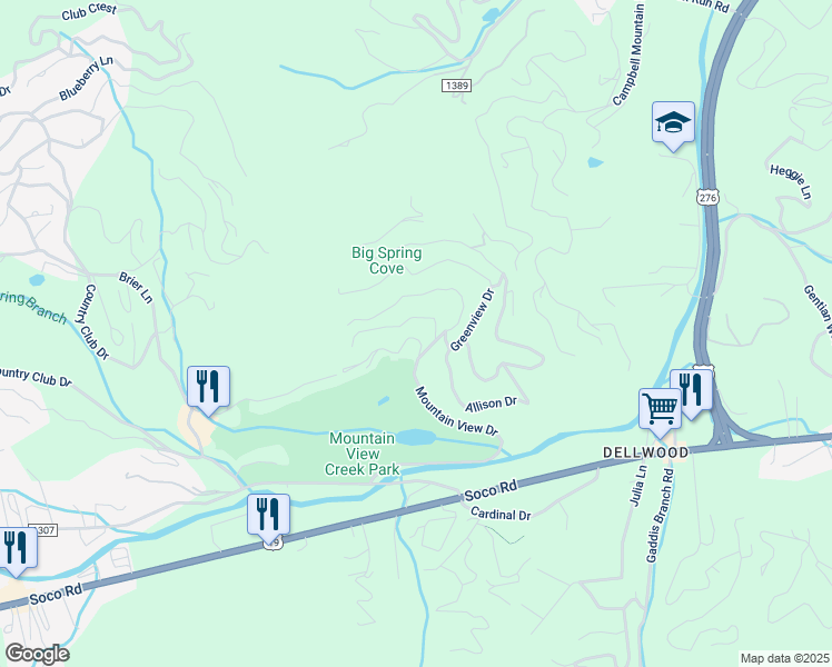 map of restaurants, bars, coffee shops, grocery stores, and more near 44 Golfview Drive in Maggie Valley