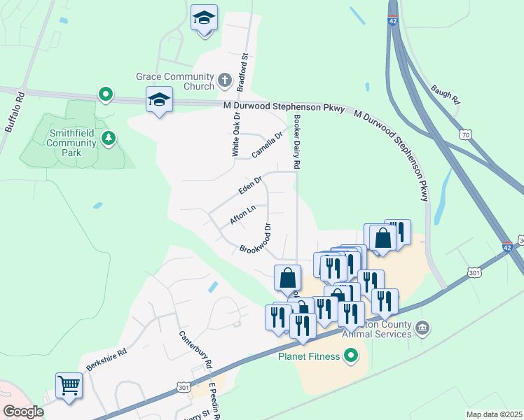 map of restaurants, bars, coffee shops, grocery stores, and more near 10 Brookwood Drive in Smithfield