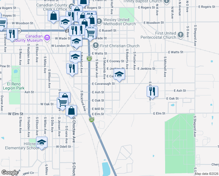 map of restaurants, bars, coffee shops, grocery stores, and more near 819 South Macomb Avenue in El Reno