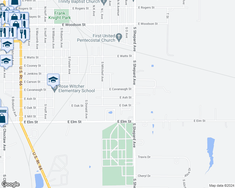 map of restaurants, bars, coffee shops, grocery stores, and more near 1319 East Ash Street in El Reno