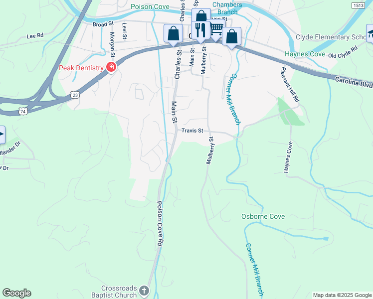 map of restaurants, bars, coffee shops, grocery stores, and more near 88 Travis Street in Clyde