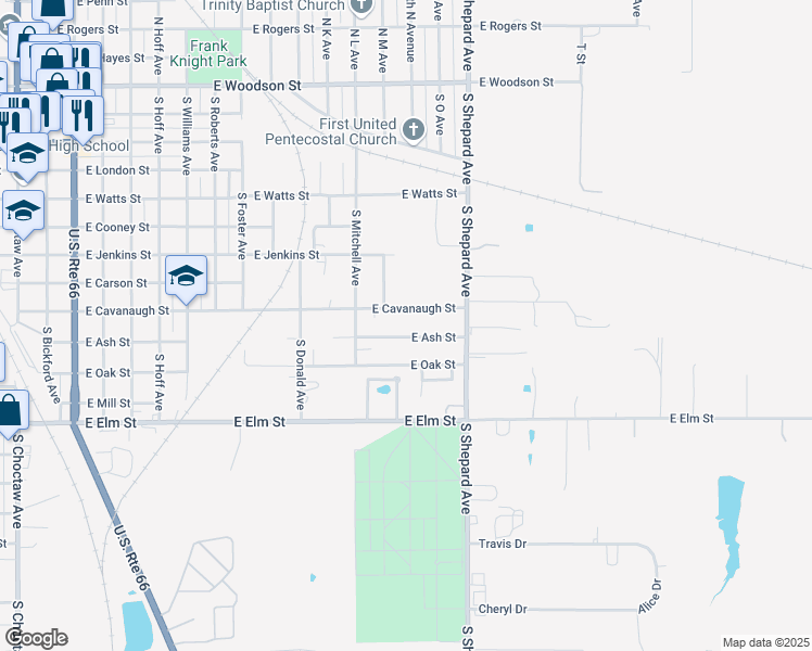 map of restaurants, bars, coffee shops, grocery stores, and more near 1307 East Ash Street in El Reno