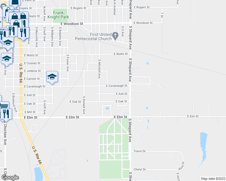 map of restaurants, bars, coffee shops, grocery stores, and more near 1305 East Ash Street in El Reno