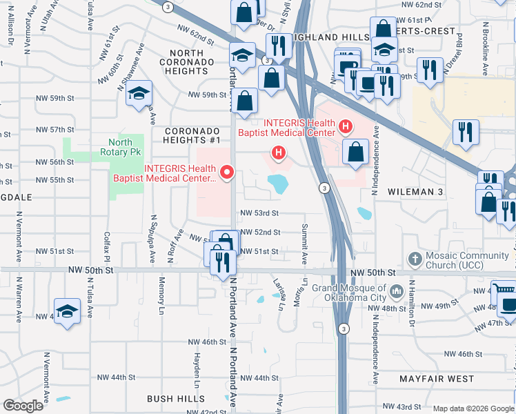 map of restaurants, bars, coffee shops, grocery stores, and more near 9 Northwest 54th Street in Oklahoma City