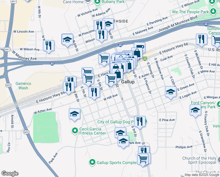map of restaurants, bars, coffee shops, grocery stores, and more near 406 West Aztec Avenue in Gallup