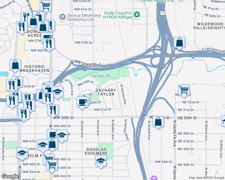 map of restaurants, bars, coffee shops, grocery stores, and more near 408 Northwest 54th Street in Oklahoma City