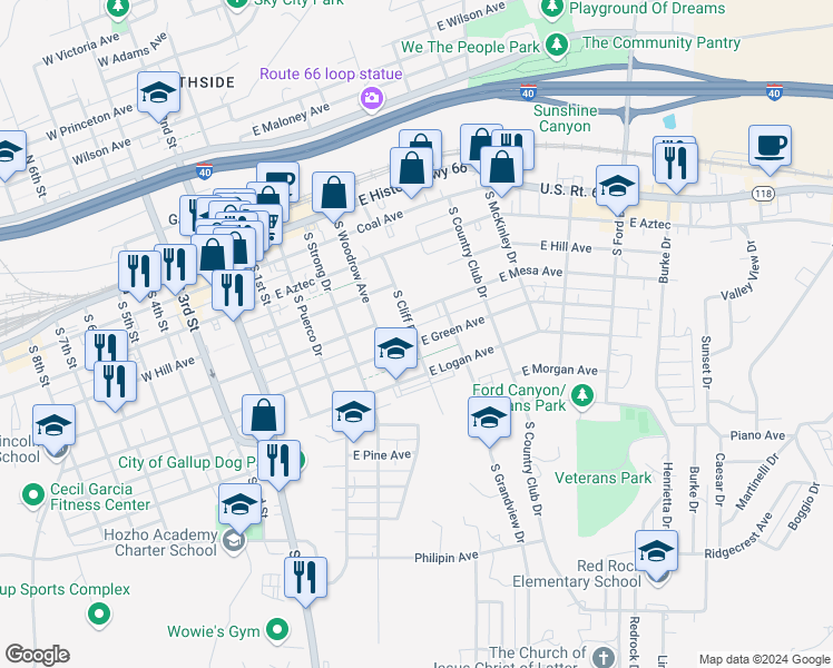 map of restaurants, bars, coffee shops, grocery stores, and more near 505 South Cliff Drive in Gallup