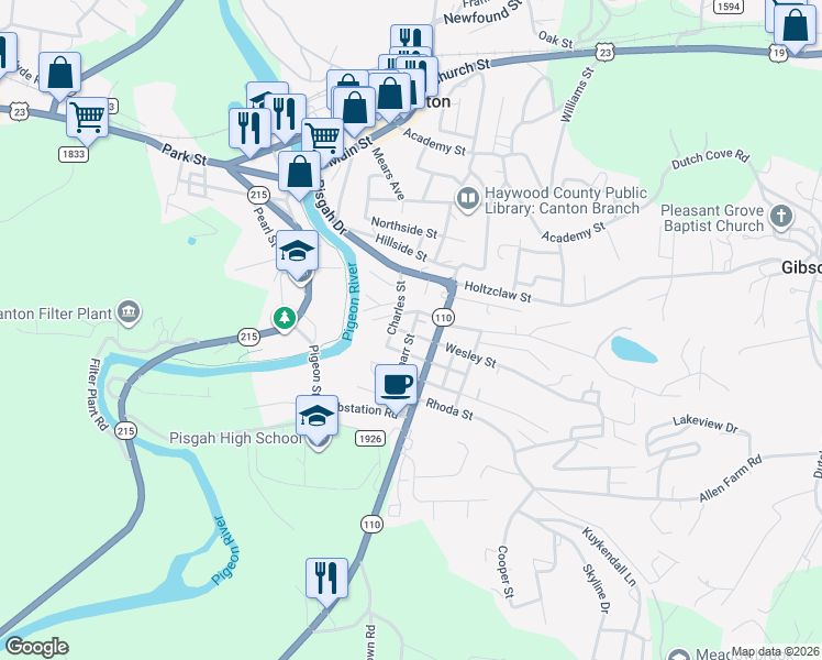map of restaurants, bars, coffee shops, grocery stores, and more near 54 Pharr Street in Canton