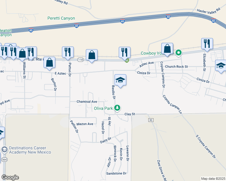 map of restaurants, bars, coffee shops, grocery stores, and more near 310 Basilio Drive in Gallup