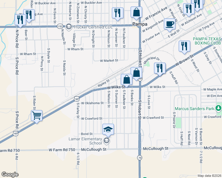 map of restaurants, bars, coffee shops, grocery stores, and more near 1200-1298 West Wilks Street in Pampa