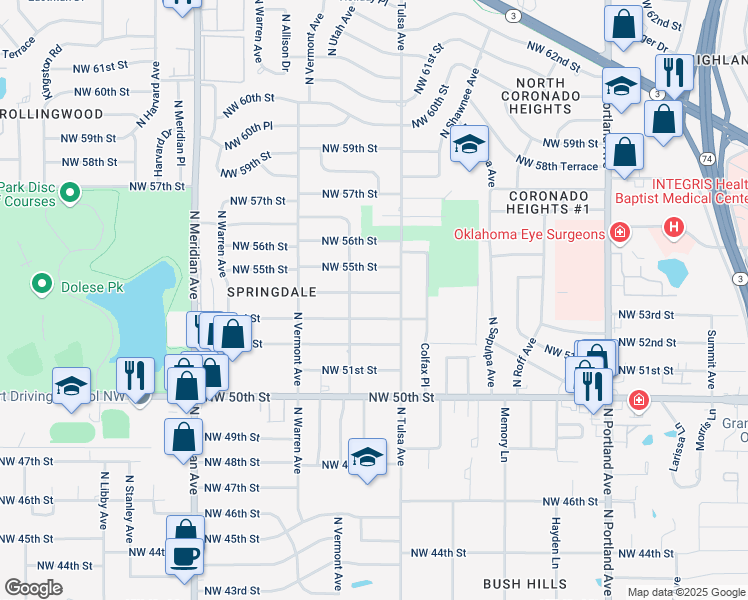 map of restaurants, bars, coffee shops, grocery stores, and more near 4103 Northwest 54th Street in Oklahoma City