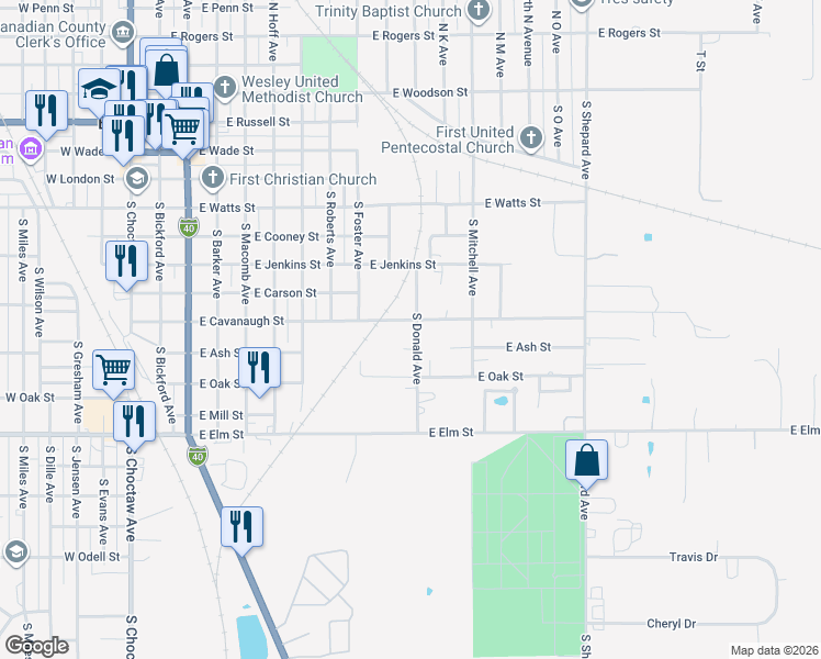 map of restaurants, bars, coffee shops, grocery stores, and more near 900 South Donald Avenue in El Reno
