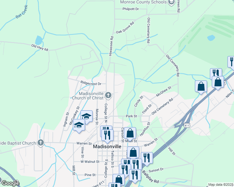 map of restaurants, bars, coffee shops, grocery stores, and more near 111 East Dyer Street in Madisonville
