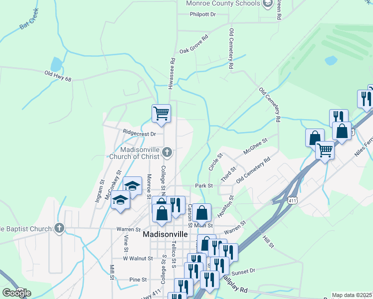 map of restaurants, bars, coffee shops, grocery stores, and more near 111 East Dyer Street in Madisonville