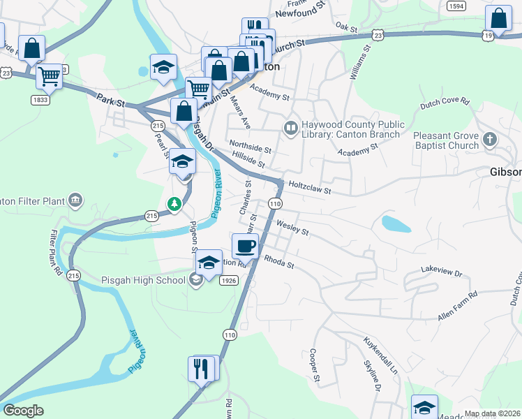 map of restaurants, bars, coffee shops, grocery stores, and more near 54 Pharr St in Canton