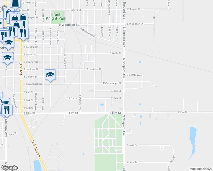 map of restaurants, bars, coffee shops, grocery stores, and more near 1304 East Cavanaugh Street in El Reno