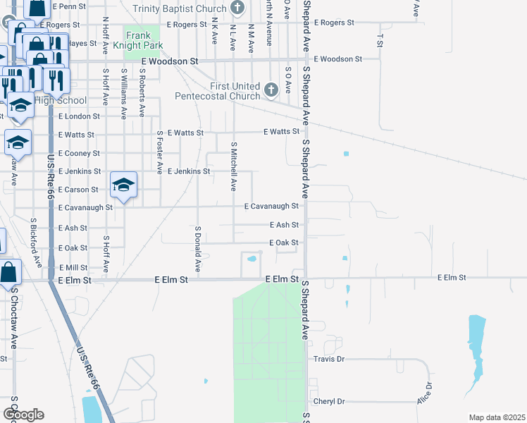 map of restaurants, bars, coffee shops, grocery stores, and more near 1310 East Cavanaugh Street in El Reno