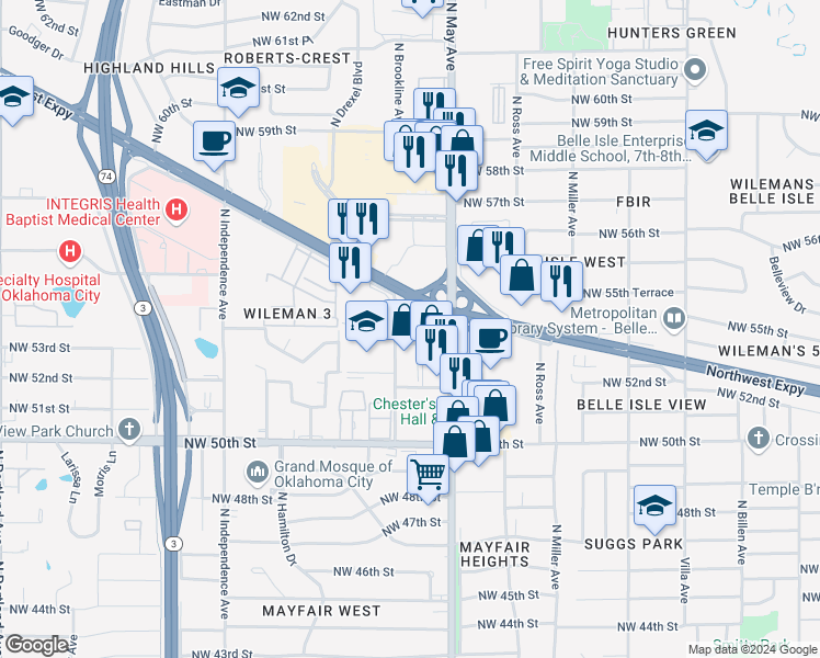 map of restaurants, bars, coffee shops, grocery stores, and more near 5501 North May Avenue in Oklahoma City