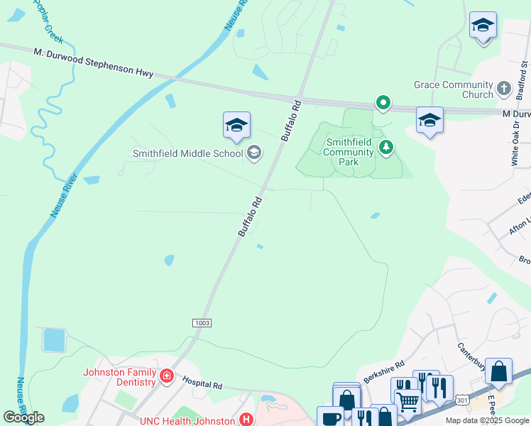 map of restaurants, bars, coffee shops, grocery stores, and more near 1270 Buffalo Road in Smithfield