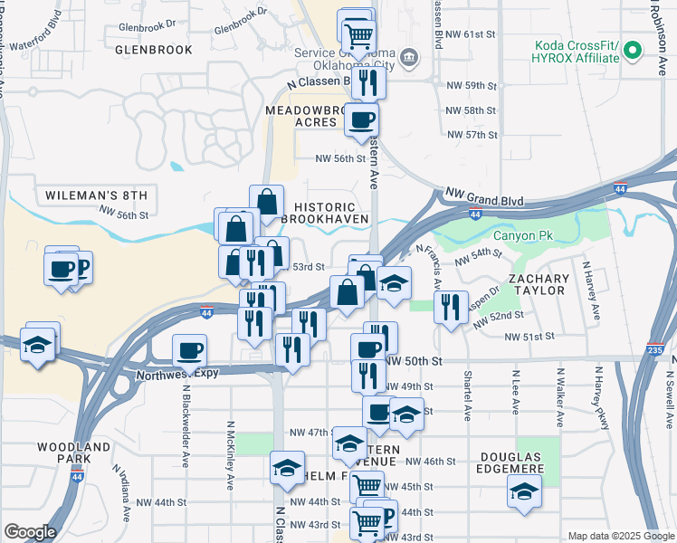 map of restaurants, bars, coffee shops, grocery stores, and more near 1130 Northwest 53rd Street in Oklahoma City
