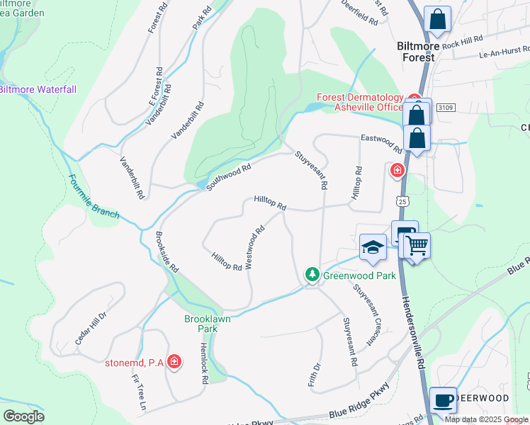 map of restaurants, bars, coffee shops, grocery stores, and more near 34 Hilltop Road in Biltmore Forest