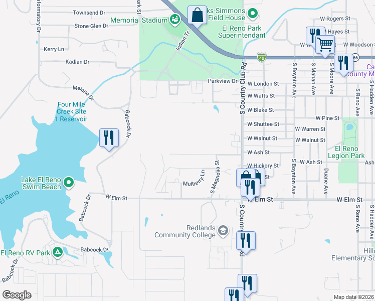 map of restaurants, bars, coffee shops, grocery stores, and more near 1812 Golf Course Drive in El Reno